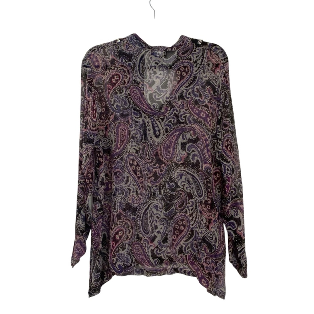 NY Collection 100% Silk Sheer Paisley Blouse Boho Sequin Plus Size 1X - Picture 4 of 10
